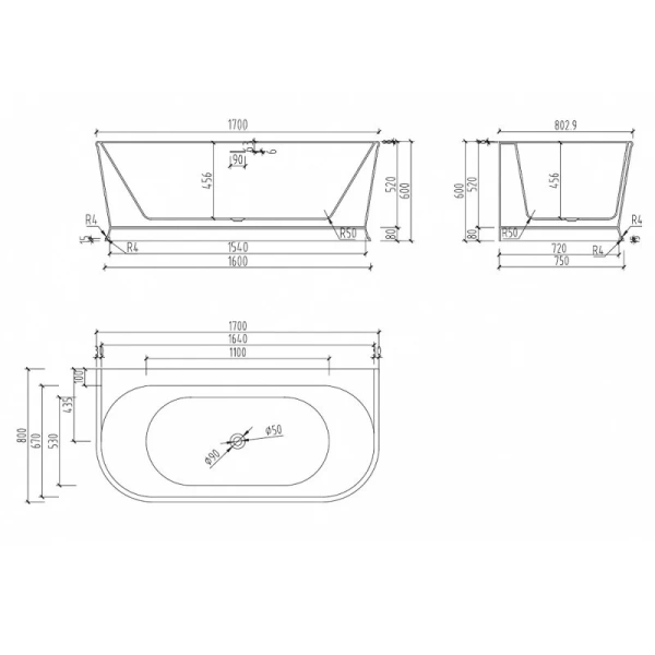 Акриловая ванна Abber 170х80 см полукруглая, акриловые - фото 2