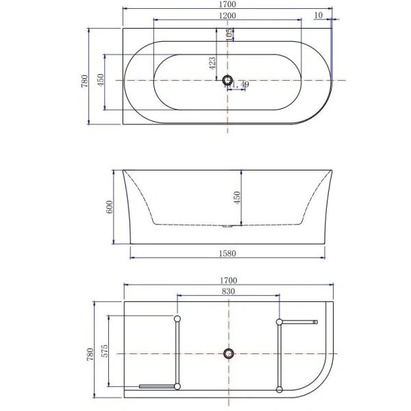 Ванна акриловая Allen Brau Priority 4, 170 х 78 см, слив-перелив в комплекте, левосторонняя, белая глянцевая, 139778A-GW Gloss White, 2.31004.20A - фото 2