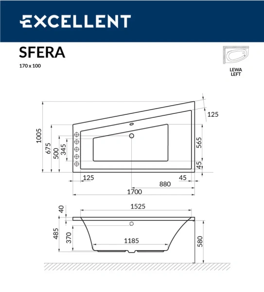 Ванна акриловая Excellent Sfera 170 х 100 см, левая/правая, без гидромассажа - фото 5