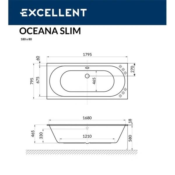 Ванна гидромассажная Excellent Oceana Slim Soft 180 x 80 см, белый/хром, WAEX.OCE18S.SOFT.CR - фото 2