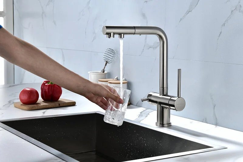 Смеситель для питьевой воды Paulmark Serpentine никель, с длинным изливом, c выдвижным изливом (лейкой), с двумя изливами - фото 7