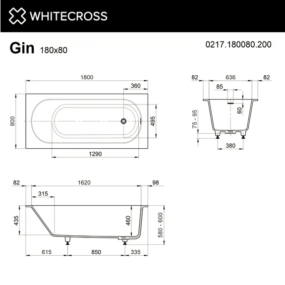 Ванна Whitecross Gin, 0217.180080.200, 180 х 80 см, искусственный камень, белая матовая, прямоугольные - фото 5