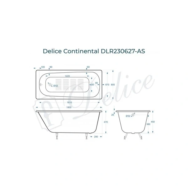 Ванна чугунная Delice Continental DLR230627-AS 180х80 см антискользящее покрытие - фото 2