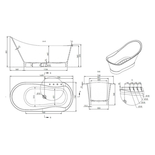 Ванна из литьевого мрамора, цвет белый, Romance Collections Leeds - фото 4