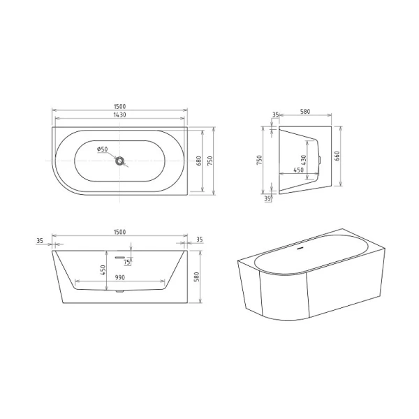 Ванна акриловая Royal Bath Riva RB610310L-WT/RB610310R-WT, 150 x 75 см, левая/правая, цвет белый - фото 4