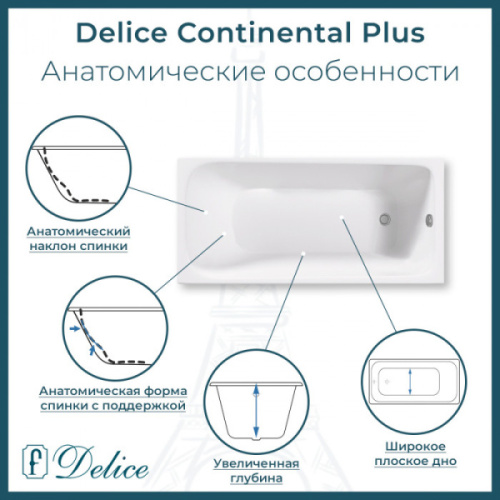 Ванна чугунная Delice Continental Plus 170х70 см с антискользящим покрытием - фото 3