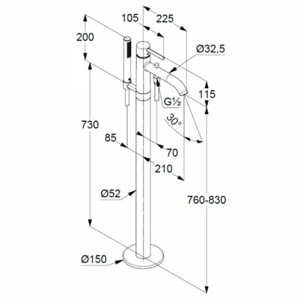 Смеситель для ванны Kludi Bozz 38590 отдельностоящий - фото 2