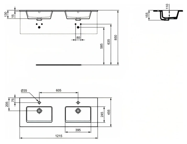 Раковина мебельная Ideal Standard Tempo 121.5 см двойная, современные, hi-tech - фото 2