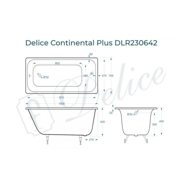 Ванна чугунная Delice Continental Plus 100х70 см белая - фото 2