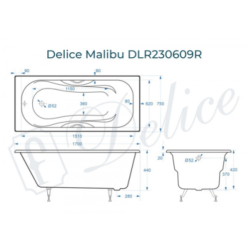 Ванна чугунная Delice Malibu 170x75 с отверстиями под ручки, 170x75 см - фото 4