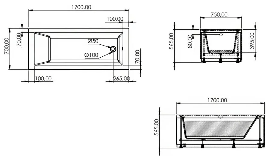 Ванна акриловая Artemis Ceres 170 x 75 см, белый, 1011260040102810 - фото 2