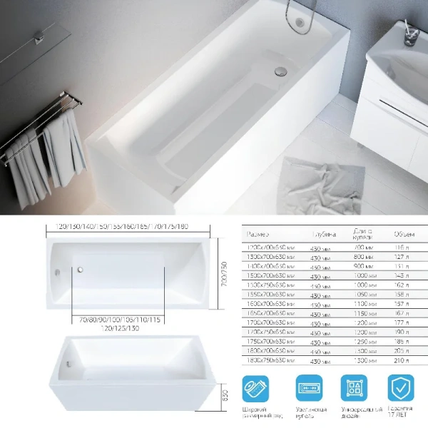 Ванна акриловая 1MarKa Modern 01мод16570кс1+, 165 x 70 см, цвет белый - фото 3