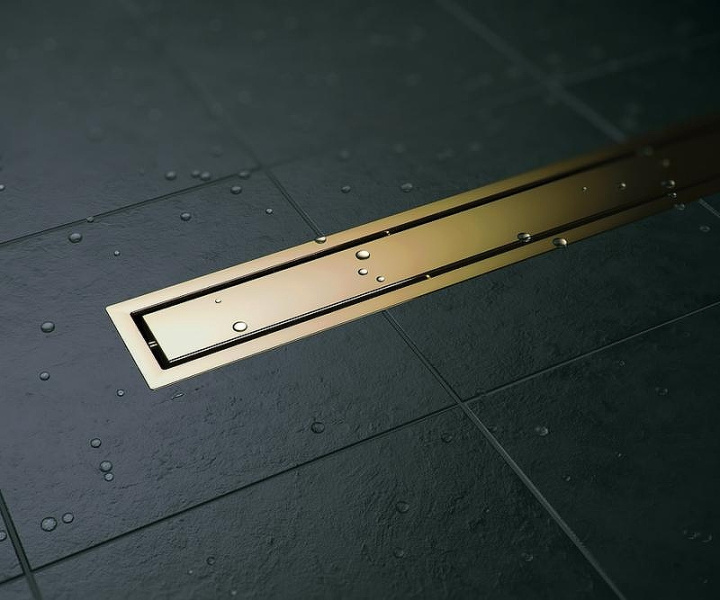 Линейный трап, цвет позолота 24К, двухсторонний, Pestan Confluo Premium Line 450 Gold 13100051 (детальная фотография), для монтажа в пол