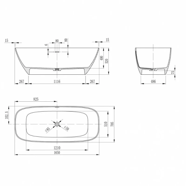 Ванна из искусственного камня Abber Stein 165x70 см белая матовая AS9632 (детальная фотография), искусственный камень