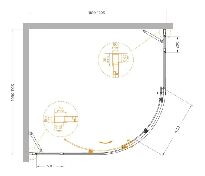 Душевой уголок Cezares Molveno 120х110 см прозрачное стекло профиль оружейная сталь MOLVENO-RH-11-120/110-C-GM-IV (детальная фотография), асимметричные