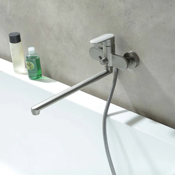 Смеситель для ванны Акватек Ника оружейная сталь AQ1842BGM (детальная фотография), с поворотным изливом, с длинным изливом