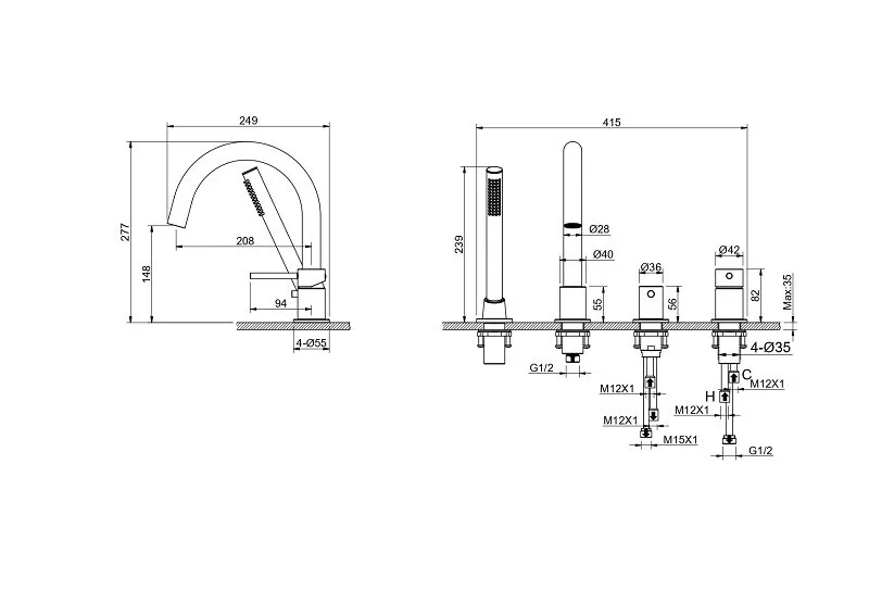 Смеситель для ванны Акватек Европа оружейная сталь AQ1348BGM (детальная фотография), для ванны
