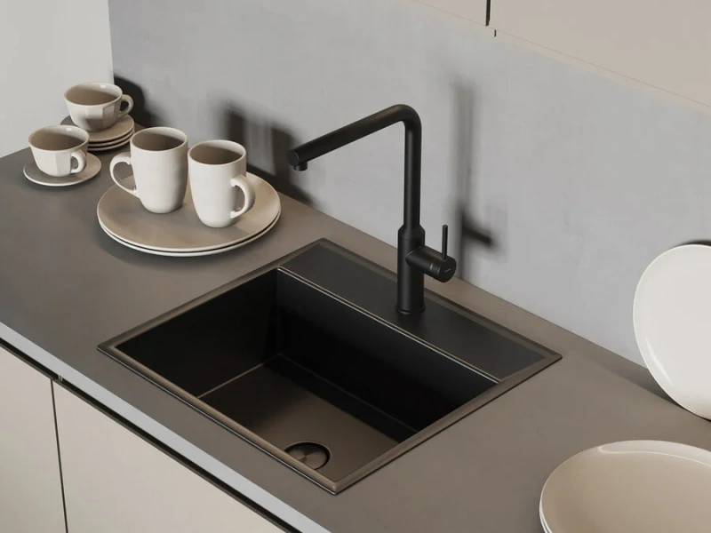 Смеситель для кухни Cersanit Flavis черный матовый 68240 (детальная фотография), высокие, из латуни, округлая форма