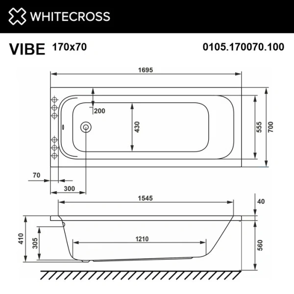 Ванна акриловая гидромассажная Whitecross Vibe Ultra nano, 0105.170070.100.ULTRANANO.CR, 170 x 70 см, белый/хром (детальная фотография), современныe, hi-tech