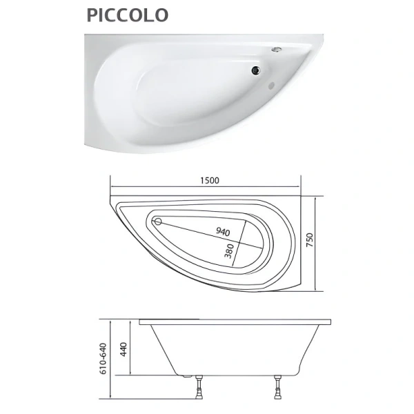 Ванна акриловая 1MarKa Piccolo 01пк1575лкп/01пк1575пкп, 150 x 75 см, левая/правая, цвет белый (детальная фотография), акриловые