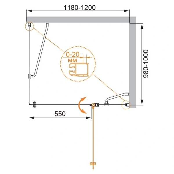Душевой уголок Cezares Elena 120x100 см левый рифленое стекло ELENA-W-AH-1-120/100-P-Cr-L (детальная фотография), хром