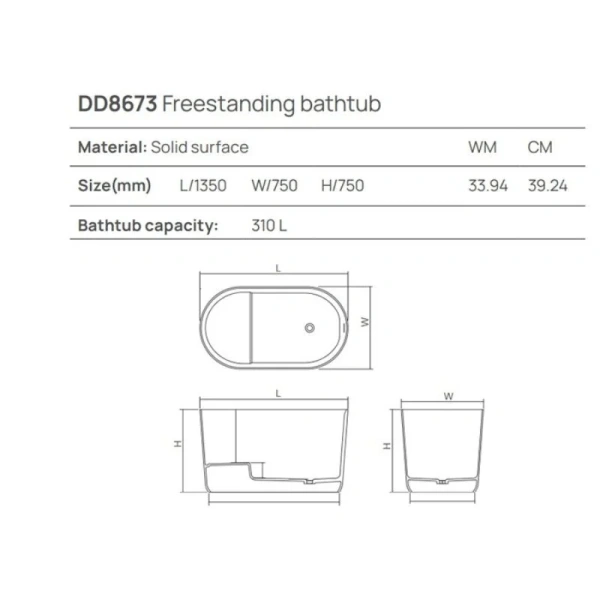 Ванна DEA Design Single DD8673 1350 18, 135 х 75 см, искусственный камень, цвет белый матовый (детальная фотография), искусственный камень