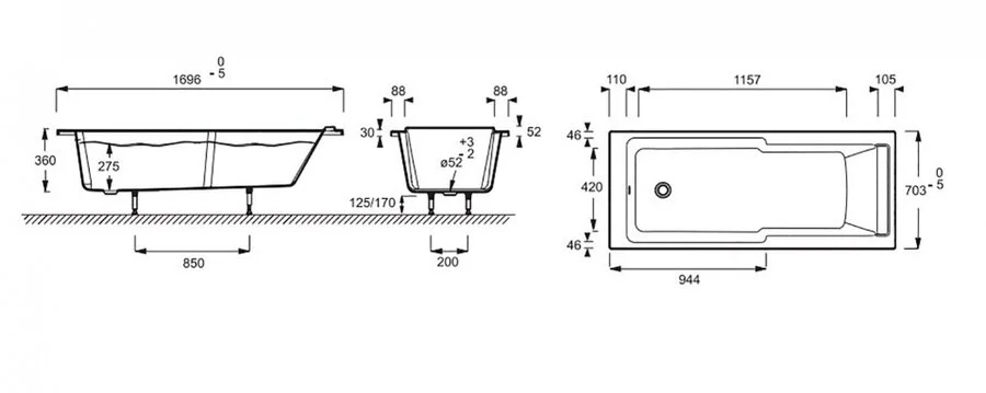 Акриловая ванна Jacob Delafon Struktura E6D020RU-00 170 х 70 см, каркас в подарок (детальная фотография), акриловые