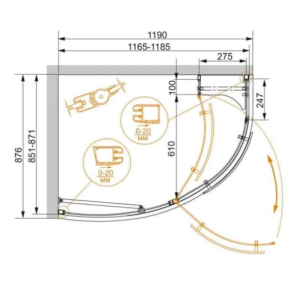 Душевой уголок Cezares Elena 120x90 см стекло прозрачное левосторонний ELENA-W-RH-1-120/90-C-Cr-L (детальная фотография), асимметричные
