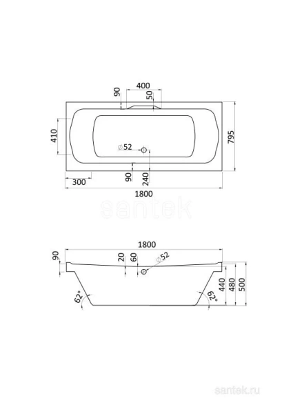 Ванна акриловая Santek Корсика 180х80 (детальная фотография), 180x80 см