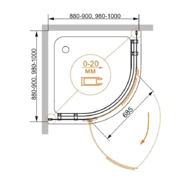 Душевой уголок Cezares Bergamo 90x90 см левый BERGAMO-W-R-1-90-ARCO-C-Cr-L-IV (детальная фотография), полукруглые, четверть круга