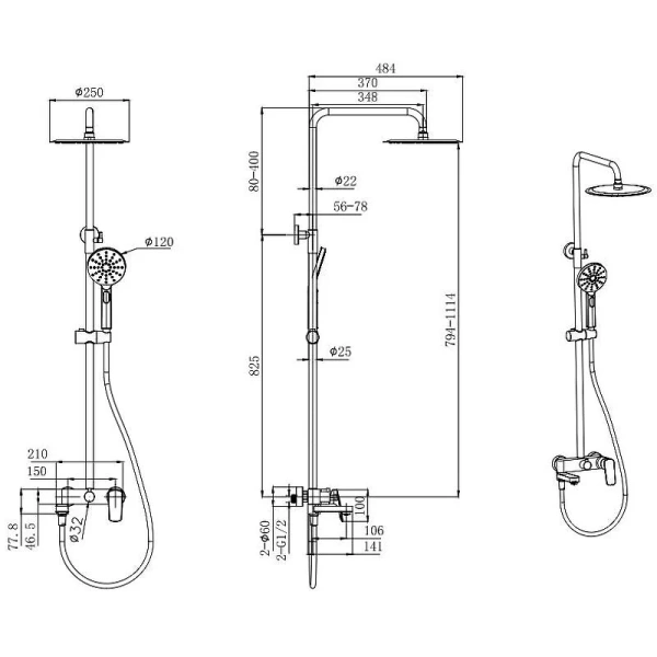 Душевая стойка Акватек AQ2040 с изливом (детальная фотография), современные, hi-tech