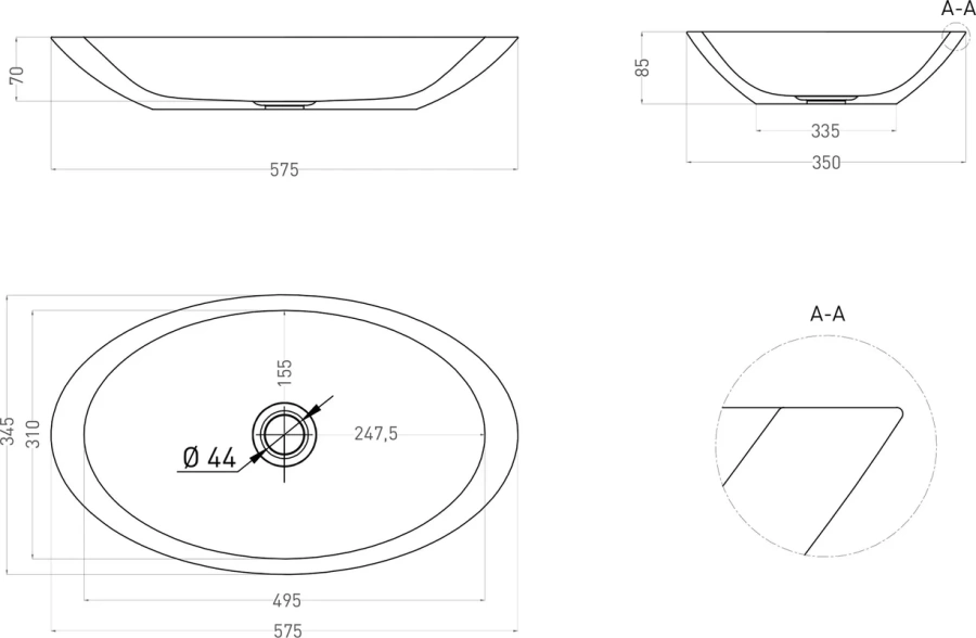Раковина Salini Callista 02 57 см белый матовый 1101202SM (детальная фотография), в форме чаши, круглой формы, плоская