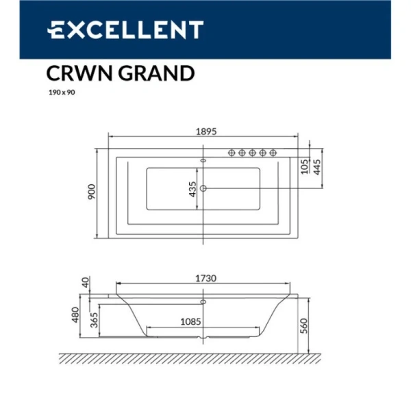 Ванна гидромассажная Excellent Crown Grand Nano 190 x 90 см, цвет белый/золото, WAEX.CRG19.NANO.GL (детальная фотография), акриловые