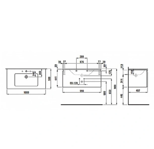 Тумба с раковиной с внутренним ящиком Laufen Pro S 8.6096.6 (детальная фотография), по запросу