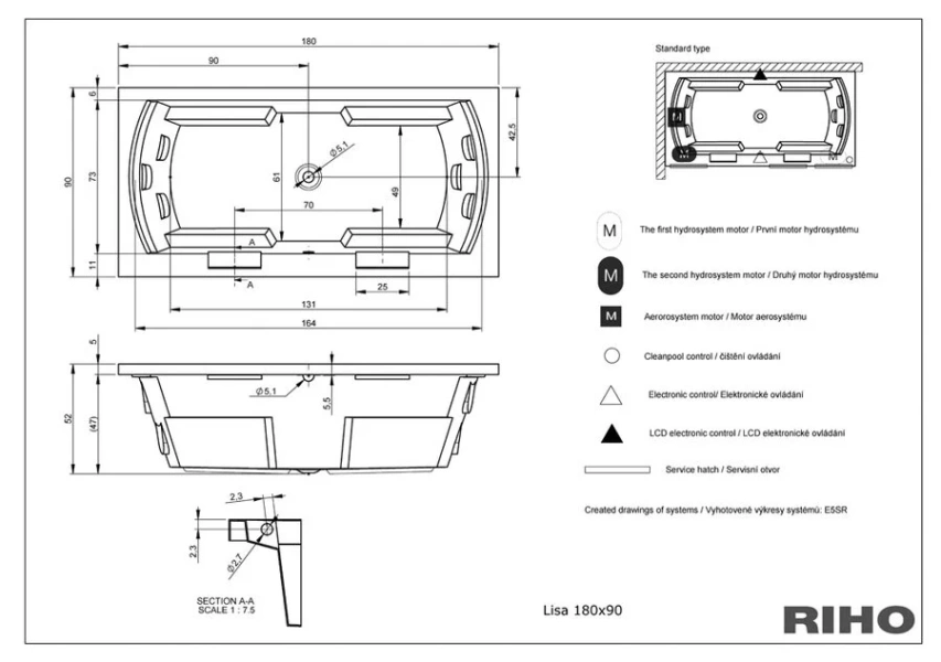 Ванна гидромассажная Riho Thermae Line BZ15 Lisa 180 x 90 см (детальная фотография), белые