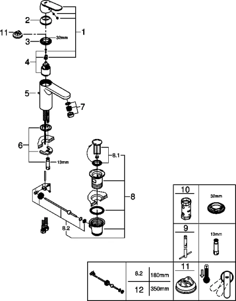 Смеситель для раковины Grohe Ge с донным клапаном 23454000 (детальная фотография), из латуни, округлая форма, с донным клапаном