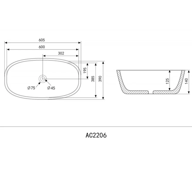 Раковина Abber Rechteck AC2206 60,5 см накладная (детальная фотография), современные, hi-tech