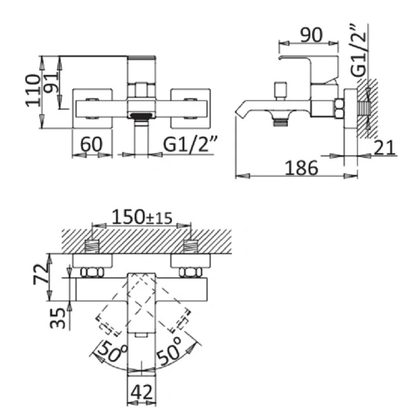 Смеситель для ванны Cezares Porta чёрный матовый PORTA-VM-NOP (детальная фотография), для ванны