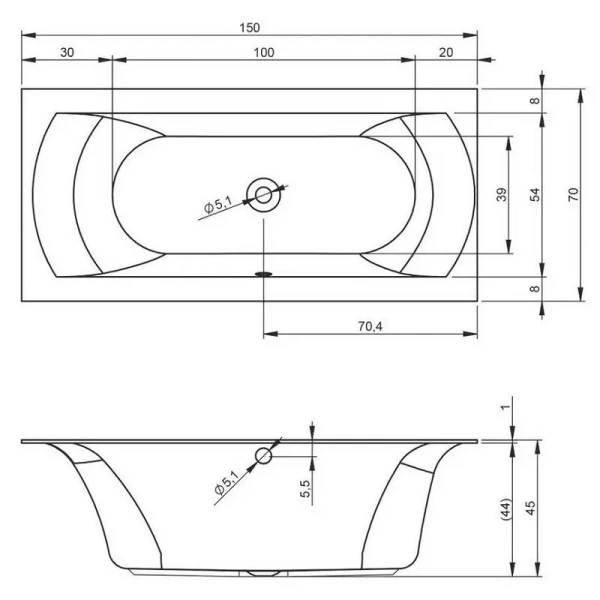 Ванна акриловая Riho Linares B139001005 150 x 70 см, цвет белый (детальная фотография), акриловые