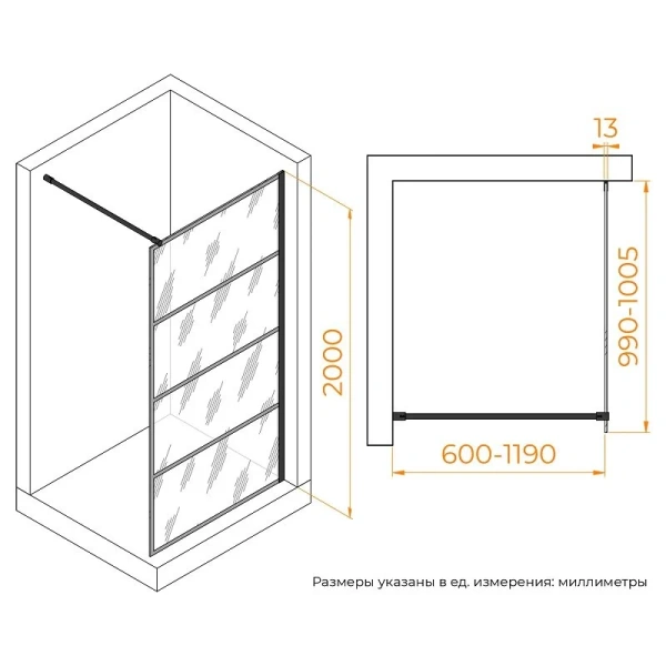 Душевая перегородка RGW Walk In WA-019B 100 см профиль черный 351001910-84 (детальная фотография), современные, hi-tech
