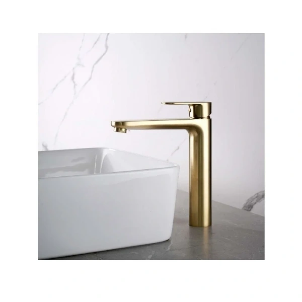 Смеситель для раковины Акватек Ника золото шлифованное AQ1804BG (детальная фотография), высокие, из латуни, округлая форма