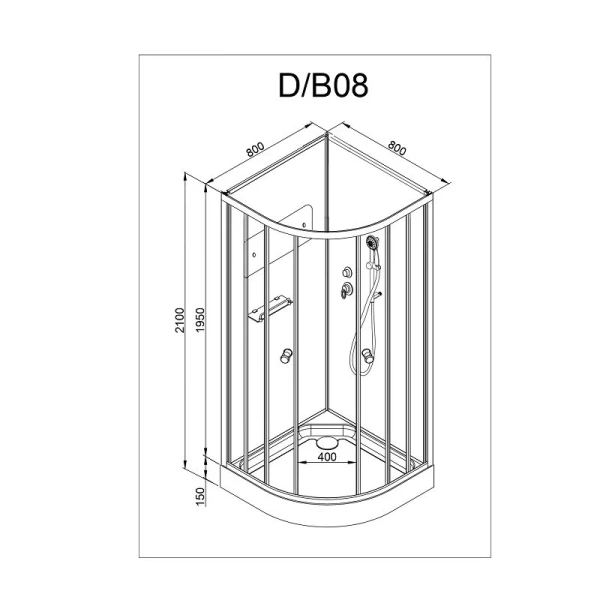 Душевая кабина Deto D 80х80 см без крыши D08 (детальная фотография), полукруглые, четверть круга