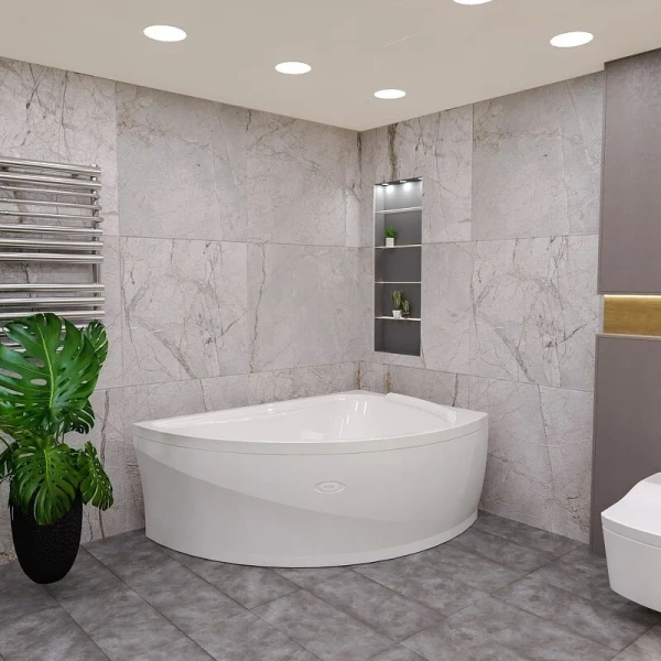 Акриловая ванна Радомир Альбена 1-01-4-1-1-015К, 168 x 120 см, левая, каркас, подголовник, фронтальный экран, сифон, слив-перелив автомат в комплекте, белая/бронза (детальная фотография), асимметричные