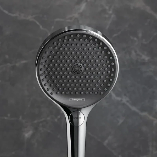 Душевой комплект Hansgrohe Rainfinity 26852 с держателем (детальная фотография), хром, белые