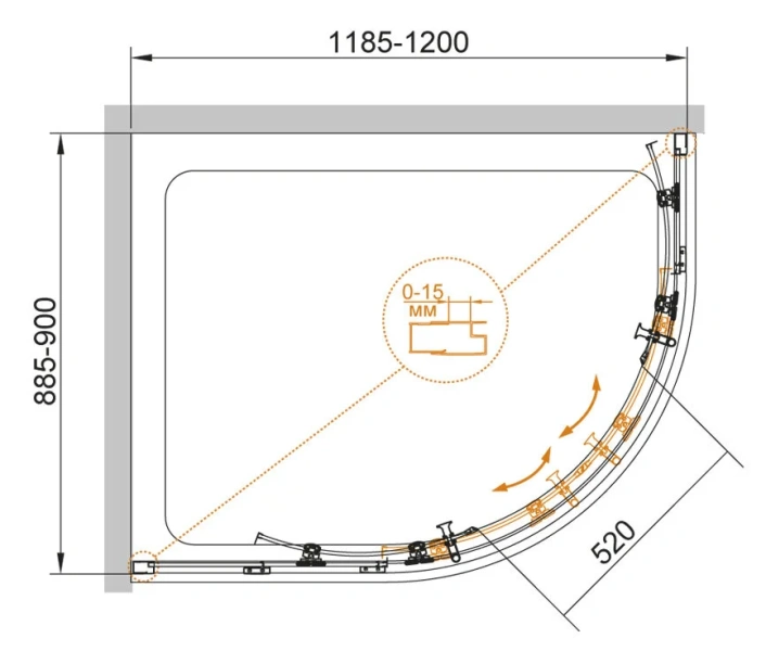 Душевой уголок Cezares Eco 120x90 см стекло прозрачное ECO-O-RH-2-120/90-C-Cr (детальная фотография), асимметричные