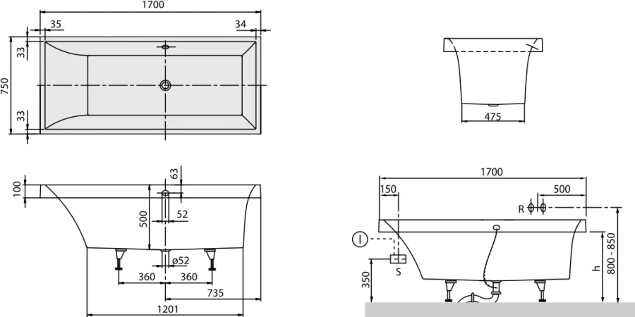 Ванна квариловая Villeroy & Boch Squaro 170х75 см с ножками UBQ170SQR2V-01 (детальная фотография), прямоугольные index_1