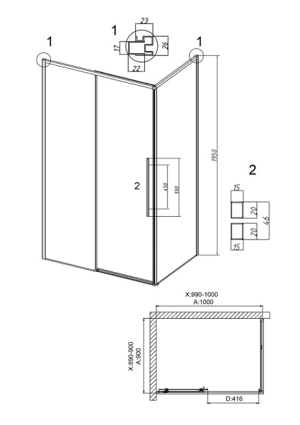 Душевой уголок Grossman Galaxy 100x90 см профиль хром 120.K33.01.1090.10.00 (детальная фотография), прямоугольные