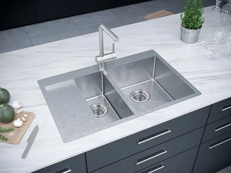 Мойка для кухни Paulmark Union 78 см нержавеющая сталь левая PM537851-BSL (детальная фотография), с одной дополнительной чашей