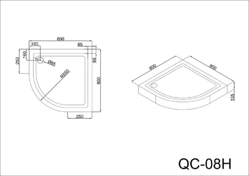 Душевой поддон Black&White Stellar Wind 80x80 см полукруглый 08HQ000 (детальная фотография), низкие до 15 см