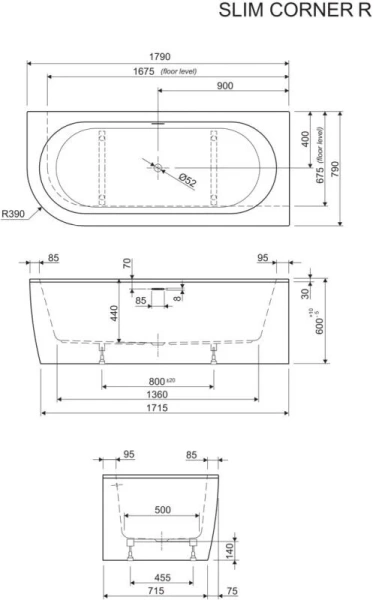 Ванна акриловая Cezares Slim 180x80 см черная, правосторонняя SLIM CORNER-180-80-60-R-NERO-SET (детальная фотография), полукруглые, асимметричные